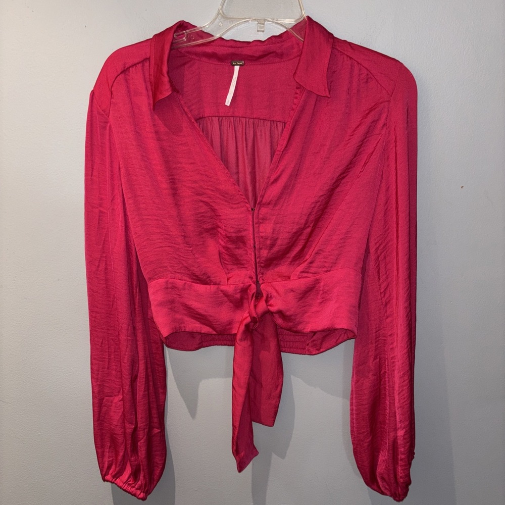 Free People Bold Pink Tie-Front Satin Crop Blouse Long‎ Balloon Sleeve Holiday S